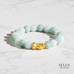 Light Green And White Jadeite Jade Bead Bracelet With 24K Gold Pixiu -Jayde Jewelry Outlet 92070102