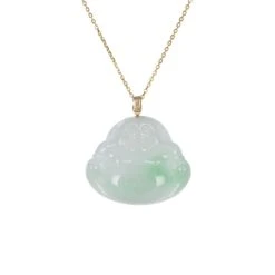 Real Laughing Buddha Jadeite Necklace - 18K Yellow Gold