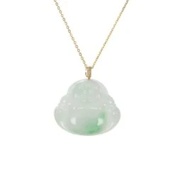 Untreated Laughing Buddha Jade Necklace - 18K Yellow Gold