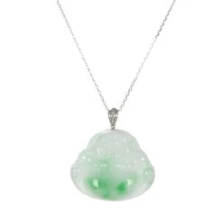 18K Happy Buddha Jade Necklace - 18K White Gold