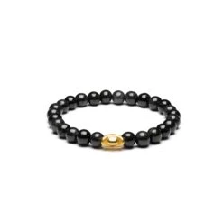 Small Grey And Black Jadeite Jade Bead Bracelet With 24k Gold Ingot - 7mm