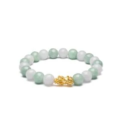 Light Green And White Jadeite Jade Bead Bracelet With 24K Gold Pixiu -Jayde Jewelry Outlet Light Green and White Jadeite Bracelet with 24K Gold Pixiu 92070101