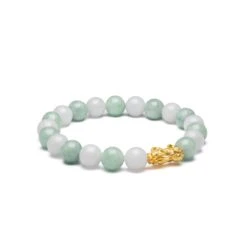 Light Green And White Jadeite Jade Bead Bracelet With 24K Gold Pixiu