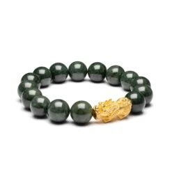 Mens Dark Green Jadeite Jade Bead Bracelet With 24K Gold Pixiu -Jayde Jewelry Outlet Mens Dark Green Jade Bracelet 24K Gold Pixiu 92070133 2 2