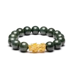 Mens Dark Green Jadeite Jade Bead Bracelet With 24K Gold Pixiu