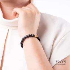 Small Grey And Black Jadeite Jade Bead Bracelet With 24k Gold Ingot - 7mm -Jayde Jewelry Outlet gold ingot jade bracelet 2